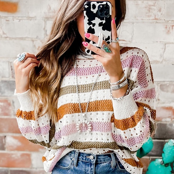 Sweaters - B074 Multicolor Striped Hollowed Knit Loose Sweater